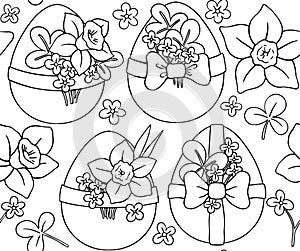 Coloring book. Vector seamless pattern, Easter eggs and spring flowers